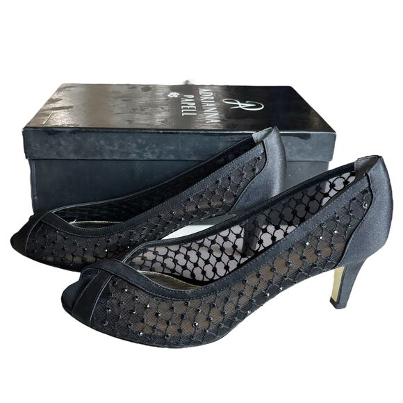Adrianna Papell Zandra Size 8 Black Embellished Mesh Peep Toe Pump Heels - Picture 1 of 7